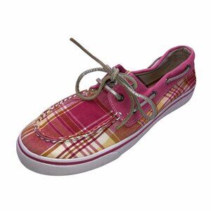 Sperry Top Sider Bahama Womens 5/6 EU 36 Boat Shoes Pink Green Plaid Leather Tie